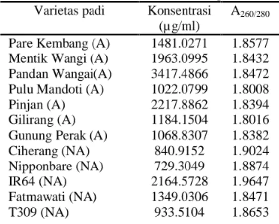 Tabel 3 Pengukuran Konsentrasi dan Kemurnian DNA daun padi Varietas  padi  Konsentrasi