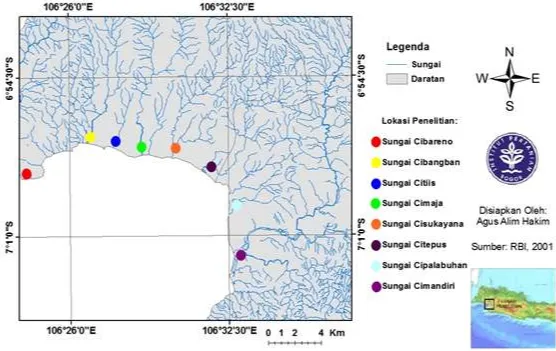 Gambar 1. Lokasi penelitian di delapan sungai yang bermuara ke Teluk Pelabuhan Ratu. 