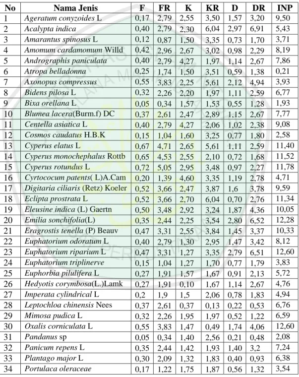 Table 4.3 Hasil analisis vegetasi pada komunitas herba 