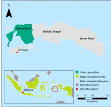 Gambar 1. Wilayah penelitian proyek di Pulau Seram  (Dibuat oleh A.M. Salim, Spesialis GIS CIFOR, 2016)