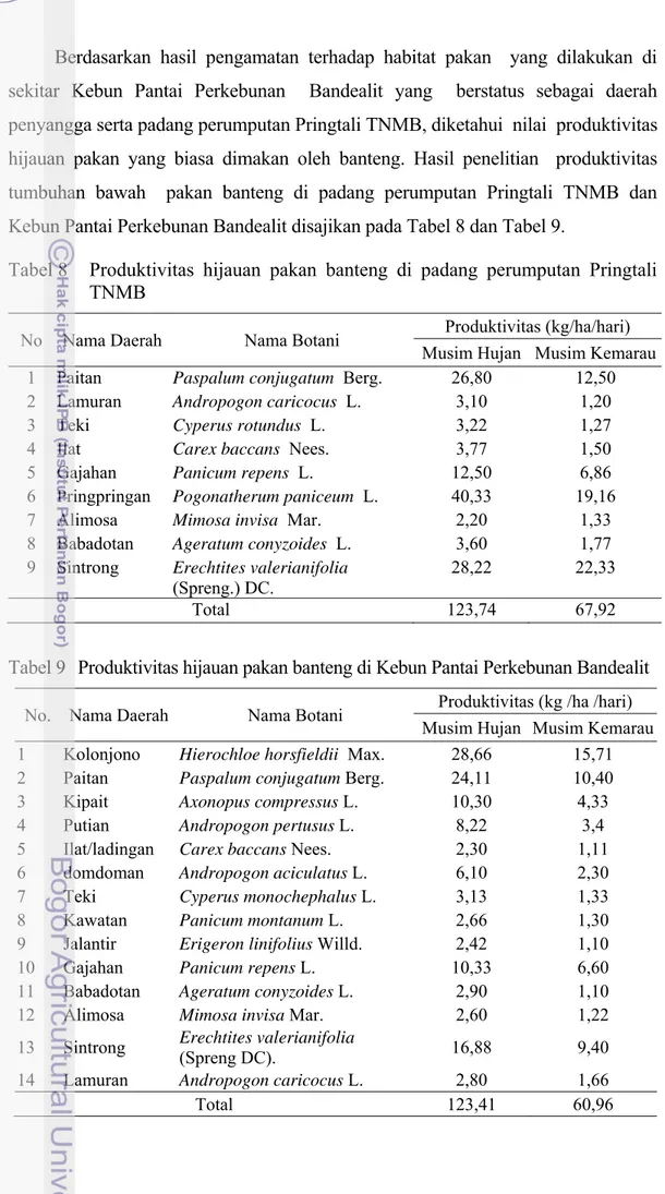 Tabel 8  Produktivitas hijauan pakan banteng di padang perumputan Pringtali   TNMB 