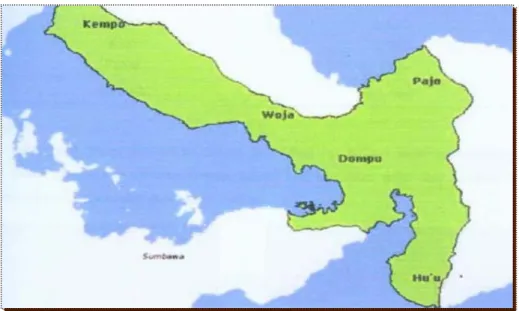 Gambar 1. Peta lokasi lima kecamatan tempat dilakukan pengukuran tubuh kerbau sampel   di Kabupaten Dompu 