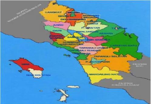 Gambar 1. Peta lima Kabupaten di Sumatera Utara sebagai lokasi tempat  pengambilan data sample data kerbau penelitian 