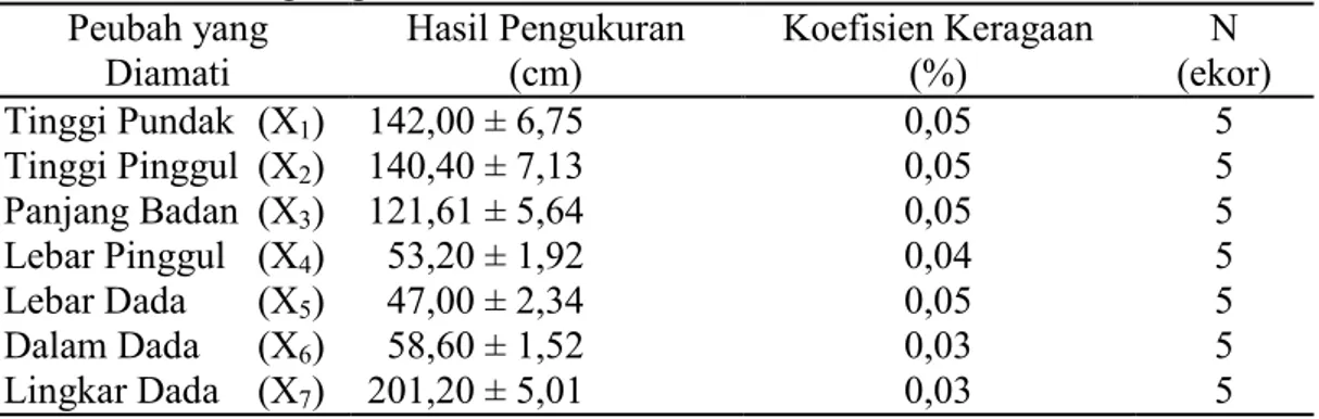 Tabel 6. Ukuran-ukuran linier peubah tubuh kerbau lumpur betina di Kecamatan Mardingding Peubah yang Diamati Hasil Pengukuran(cm) Koefisien Keragaan(%) N (ekor) Tinggi Pundak (X 1 ) 142,00 ± 6,75 0,05 5 Tinggi Pinggul (X 2 ) 140,40 ± 7,13 0,05 5 Panjang Ba