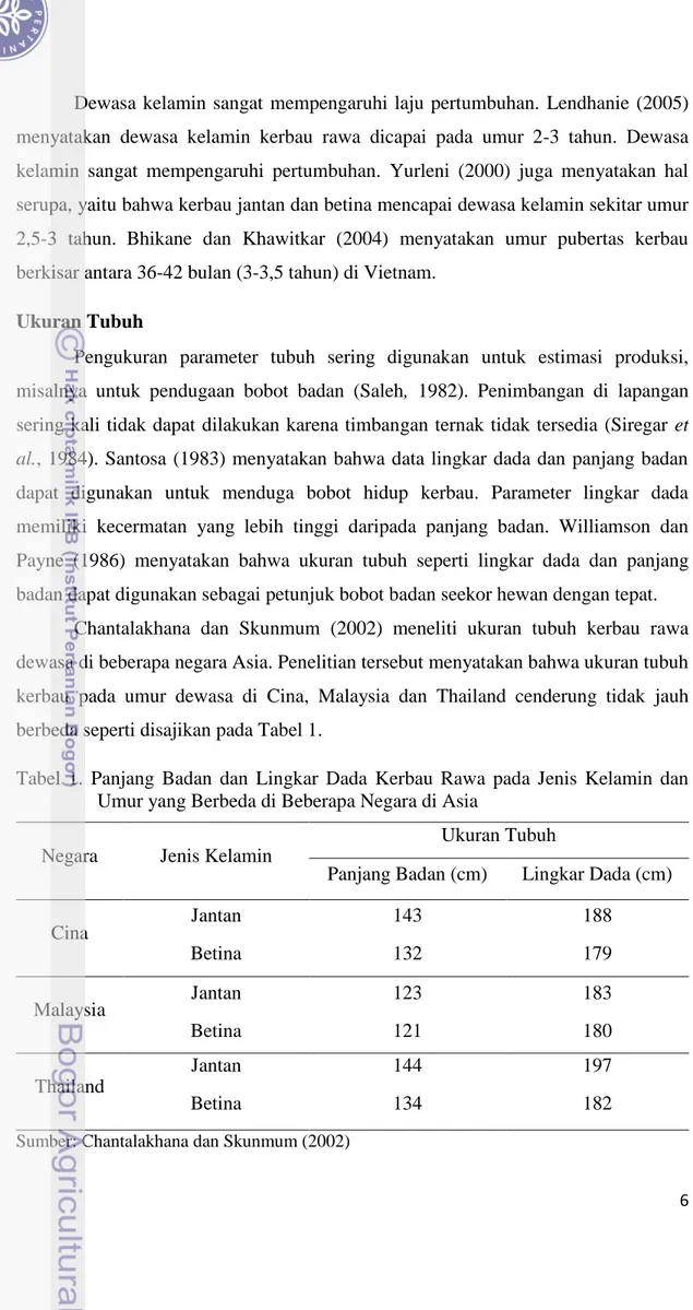 Tabel  1.  Panjang  Badan  dan  Lingkar  Dada  Kerbau  Rawa  pada  Jenis  Kelamin  dan      Umur yang Berbeda di Beberapa Negara di Asia 