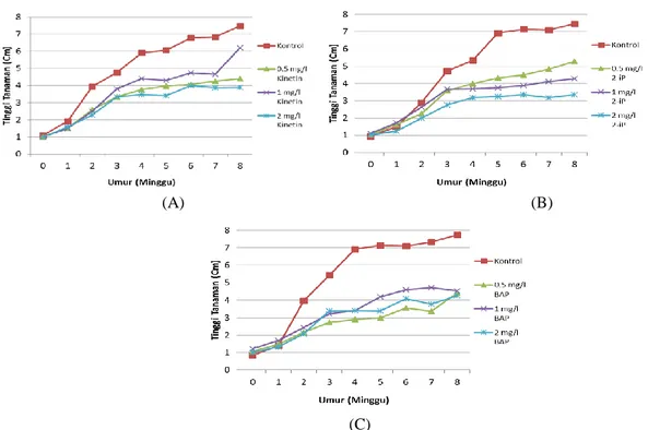 Gambar 1.  Rata-rata tinggi tanaman kentang merah umur 0-8 minggu pada media dengan penambahan  0, 0.5, 1 dan 2 mg/L