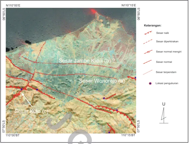 Gambar  4.  Pola struktur geologi regional daerah Kendal Jawa Tengah didasarkan data pengukuran kekar, bidang sesar dan analisis  geomorfologi serta analisis pemboran dangkal endapan Kuarter (Landsat ETM+7, 19 Januari 2003).
