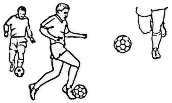 Gambar  3. Menggiring Bola Menggunakan Punggung  Kaki (Sumber: Sucipto, 2000: 31) 