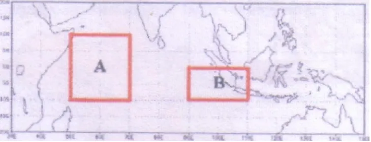 Gambar 1. Lokasi fenomena Dipol Osean Hindia. Kotak A : pantai timur Afrika dan 