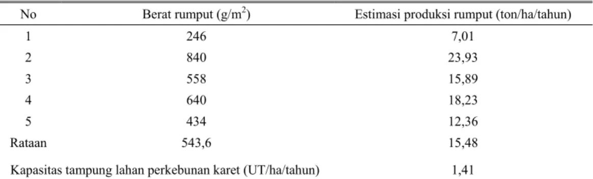 Tabel 6. Potensi produksi rumput alam segar per meter persegi di bawah tanaman karet umur ± 10 tahun  No Berat  rumput (g/m2)  Estimasi produksi rumput (ton/ha/tahun) 