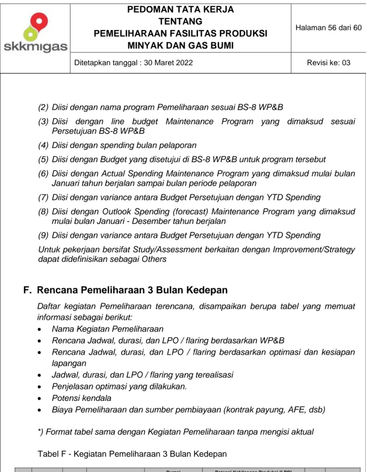 Tabel F - Kegiatan Pemeliharaan 3 Bulan Kedepan 