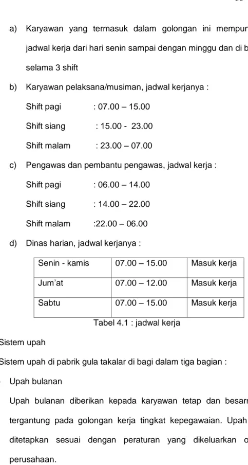 Tabel 4.1 : jadwal kerja  b.  Sistem upah 