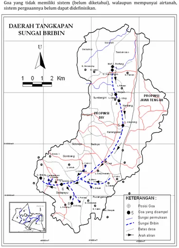 Gambar �. Peta perkiraan daerah tangkapan air S. Bribin, sebaran goa  dan sistem jaringan sungainya �Adji dan  Nurjani  ,����� 