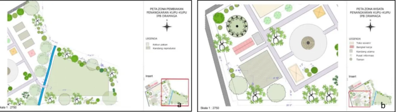 Gambar 7. (a) Desain zona pembiakan penangkaran kupu-kupu IPB; (b) Desain zona  wisata penangkaran kupu-kupu IPB 