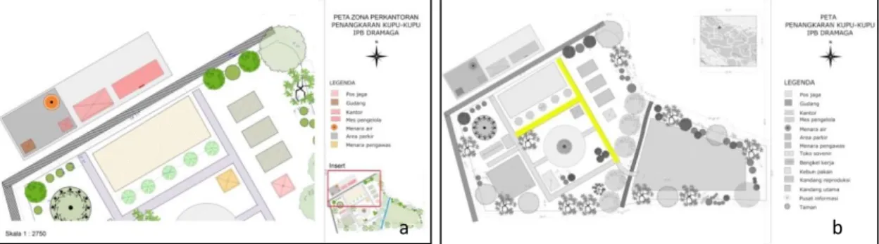 Gambar 4. (a) Desain zona perkantoran penangkaran kupu-kupu IPB; (b) Desain jalan  kontrol penangkaran kupu-kupu IPB 
