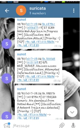 Gambar 13. Nikto Notifikasi Telegram Messenger  Tampilan notifikasi pada web telegram dari hasil deteksi  suricata terhdap serangan menggunakan nikto web scanning