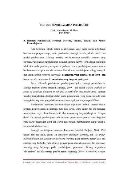 METODE PEMBELAJARAN INTERAKTIF. Oleh: Nurhidayati, M. Hum FBS UNY. A ...