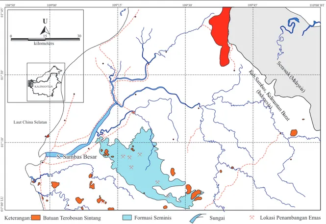 Gambar 6. Peta pola aliran sungai dan penyebaran batuan sumber emas dan perak di muara Sungai Sambas Besar, Kalimantan  Barat.