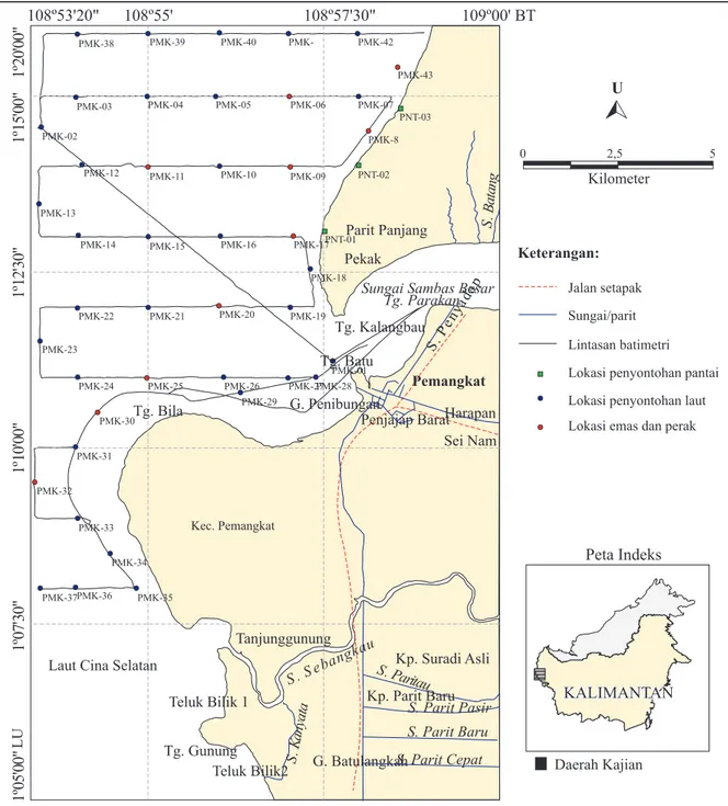 Gambar 1. Lokasi daerah kajian dan pengambilan percontoh sedimen (Wahib drr., 2001).
