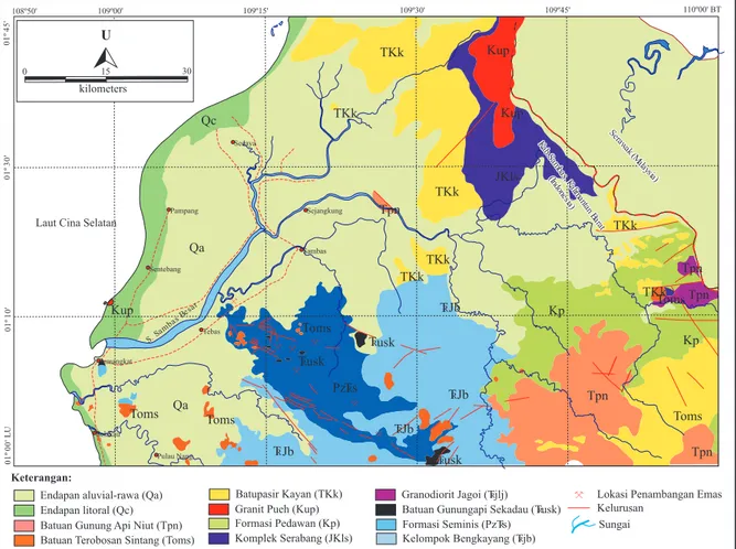 Gambar 2. Peta geologi daerah kajian dan sekitarnya (Rusmana dan Pieters, 1993).