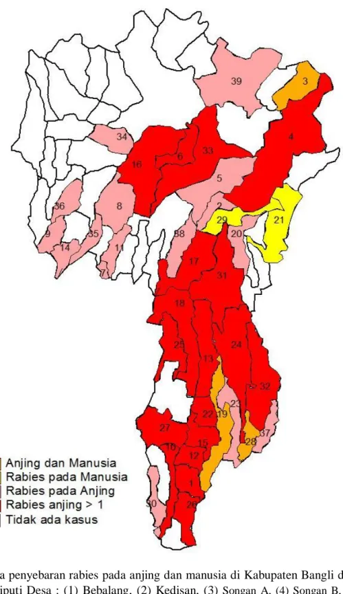 Gambar 1 : Peta penyebaran rabies pada anjing dan manusia di Kabupaten Bangli dari tahun  2009-2014  meliputi  Desa  :  (1)  Bebalang,  (2)  Kedisan,  (3)  Songan  A,  (4)  Songan  B,  (5)  Batur  Tengah,  (6)  Batur  Utara,  (7)  Banua,  (8)  Belancan,  (