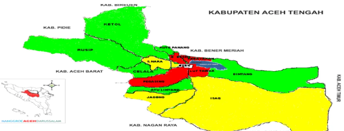 Gambar 5.   Peta wilayah kasus gigitan HPR di Kabupaten Aceh Tengah tahun  2011 (PMK Dinas Kesehatan Kabupaten Aceh Tengah, 2012) 