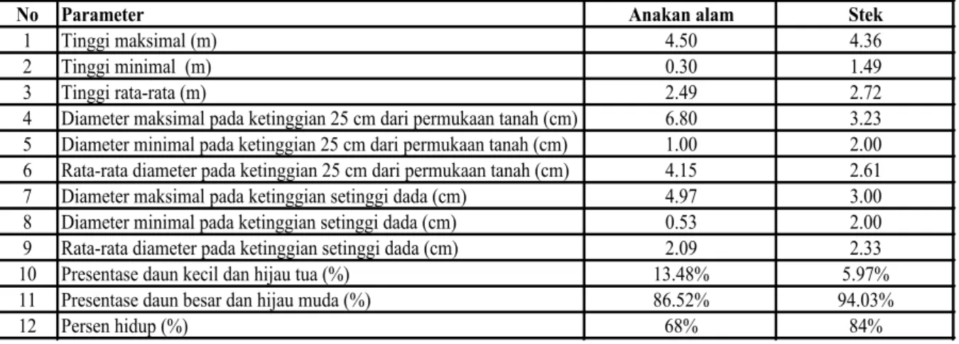 Tabel 1. Pertumbuhan dan karakter morfologi stek  ramin pada kebun konservasi di   Kabupaten OKI 