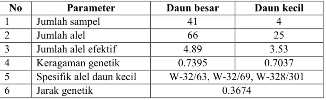 Tabel  3. Variasi genetik antara stek ramin daun besar dan daun kecil berdasarkan penanda  SSR