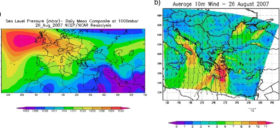 Fig. 5. a) Sea level pressure over Europe and Middle East and b) Daily 10 m-wind field from the MM5 model results in the Eastern Mediterranean, on the26th August 2007.