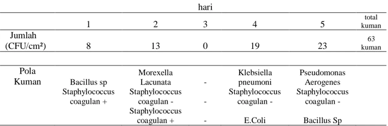 Tabel 3. Angka dan pola kuman di lantai ruang ICU RSUD Dr. Moewardi  hari  1  2  3  4  5  kuman total    Jumlah  (CFU/cm²)  8  13  0  19  23  kuman 63  Pola  Kuman  Bacillus sp  Morexella Lacunata  -  Klebsiella pneumoni  Pseudomonas Aerogenes  Staphylococcus  coagulan +  Staphylococcus coagulan -  -  Staphylococcus coagulan -  Staphylococcus coagulan -  Staphylococcus 