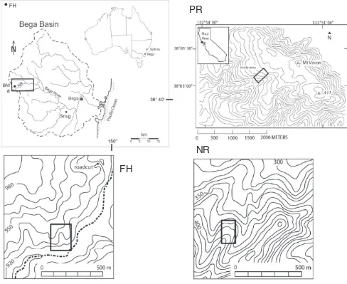 Fig. 4. Locations of the Nunnock River (NR) and Frog's Hollow (FH)PR topography is based on USGS Shuttle radar topographic mission data digital elevation models