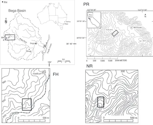 Fig. 4. Locations of the Nunnock River (NR) and Frog's Hollow (FH)PR topography is based on USGS Shuttle radar topographic mission data digital elevation models