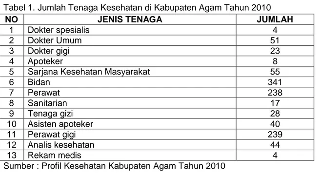 Tabel 1. Jumlah Tenaga Kesehatan di Kabupaten Agam Tahun 2010 