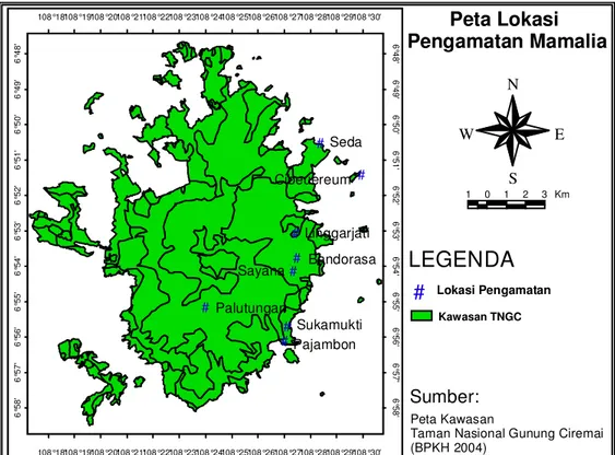 Gambar 1. Peta lokasi pengamatan di SPTN Wilayah Kuningan TNGC Kabupaten  Kuningan Propinsi Jawa Barat   