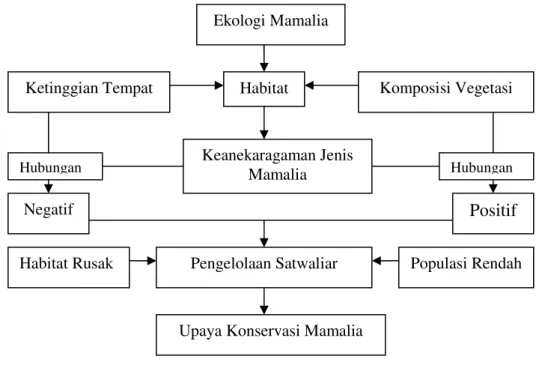 Gambar 2.    Kerangka  pemikiran  penelitian  ”Keanekaragaman  Jenis  Mamalia  Besar Berdasarkan Komposisi Vegetasi dan Ketinggian Tempat” 