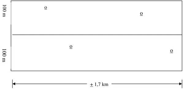 Gambar 3. Bentuk unit contoh transek jalur dalam pengamatan mamalia besar; o=  posisi satwa ditemukan  