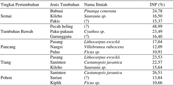 Tabel 3. Jenis-jenis tumbuhan yang mendominasi pada habitat hutan pegunungan 