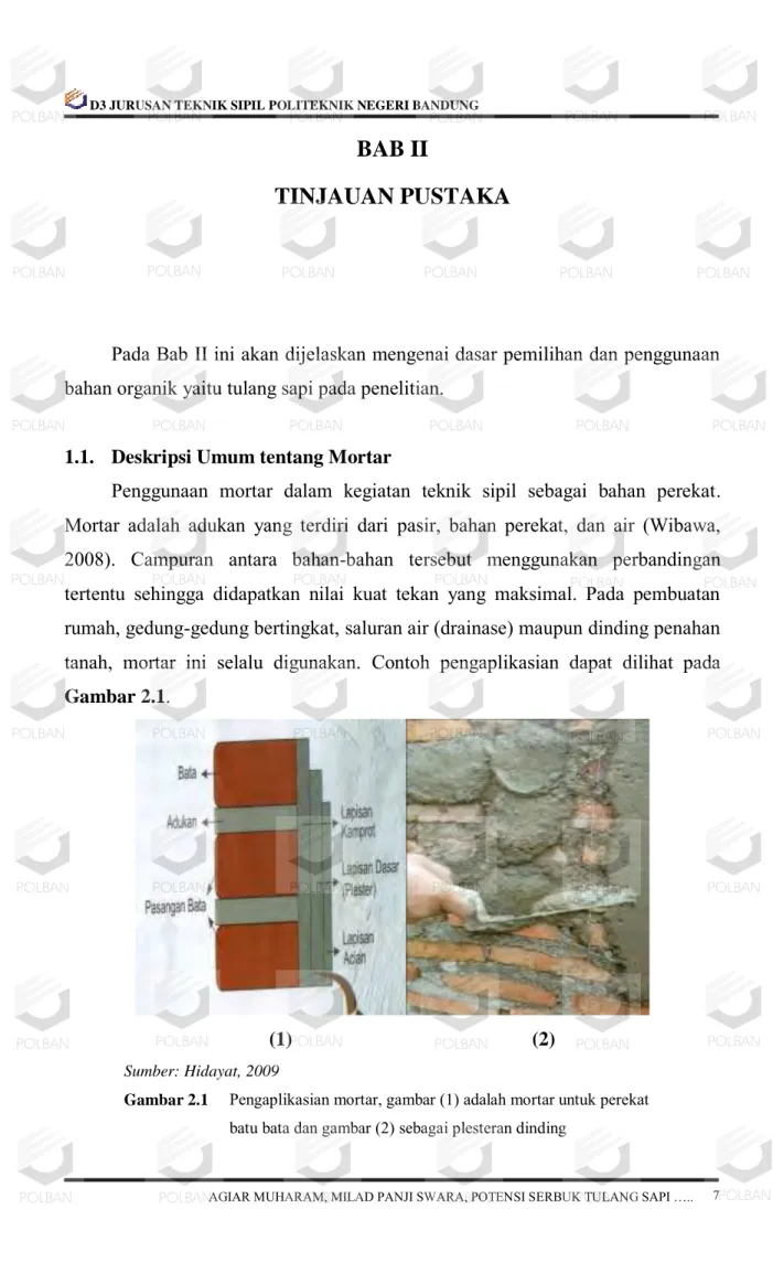 Gambar 2.1  Pengaplikasian mortar, gambar (1) adalah mortar untuk perekat  batu bata dan gambar (2) sebagai plesteran dinding 