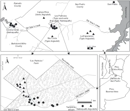 Fig. 1. Geographic location of the sampling sites. Argiudolls (black triangles) Natraqualfs (black circles)