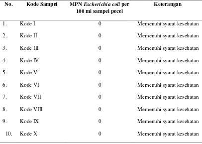 Tabel 4.8 Hasil Pemeriksaan Bakteri Escherichia coli (E.coli) Pada Pecel Yang Dijual 