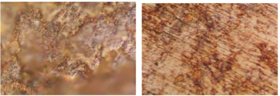 Gambar 8  Fotomikrostruktur (pembesaran 500 x) permukaan kupon baja       karbon setelah corrosion weight loss dalam larutan 0,175 M HOAc, 0,1 M       NaOAc, 0,1M NaHCO3 – jenuh CO2, pada suhu 85 o C,  tanpa dipoles (a) tanpa  inhibitor, dan (b) dengan 100