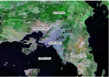 Fig. 1. Overview of Athens and surrounding areas. Four PM10 monitoring sites (black dots) are labeled.