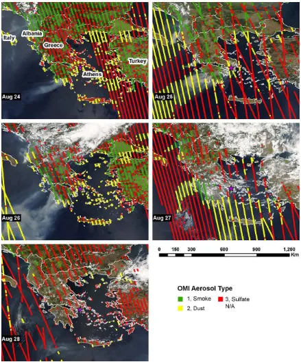Fig. 4. OMI predeﬁned aerosol types overlaid on MODIS Level 1B true-color images over Greece from August 24 to 28, 2007