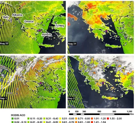 Fig. 6. MODIS AOD values overlaid on MODIS Level 1B true-color images with ﬁre spots (black polygons) over Greece from August 30 to September 2, 2007