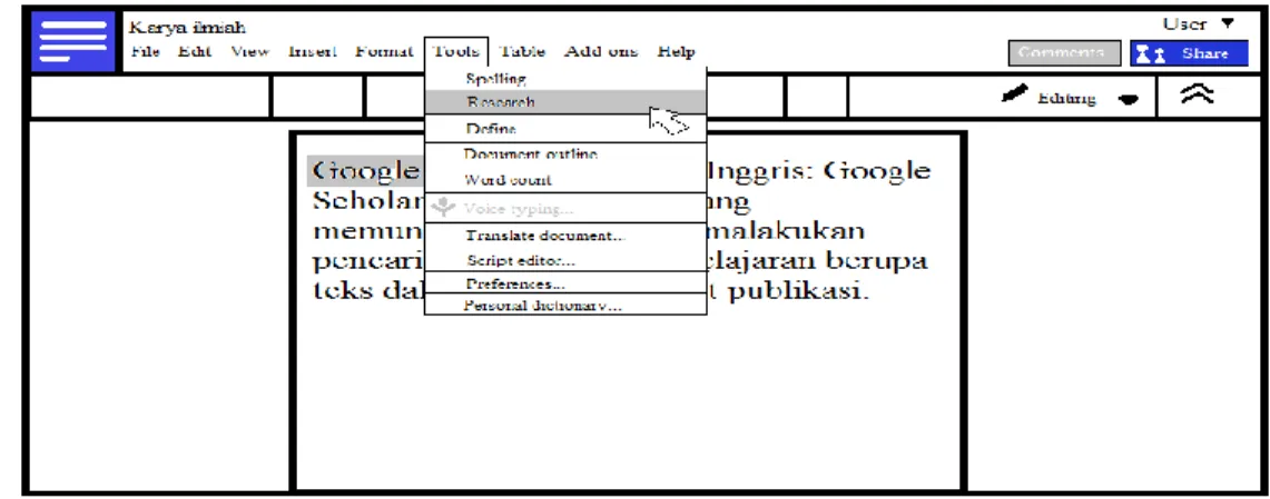 Gambar 8. <Prototype 3.2> Tampilan menu tools  3.3 Blok kata atau kalimat yang ingin di kutip lalu CTRL+ART+SHIFT+I 