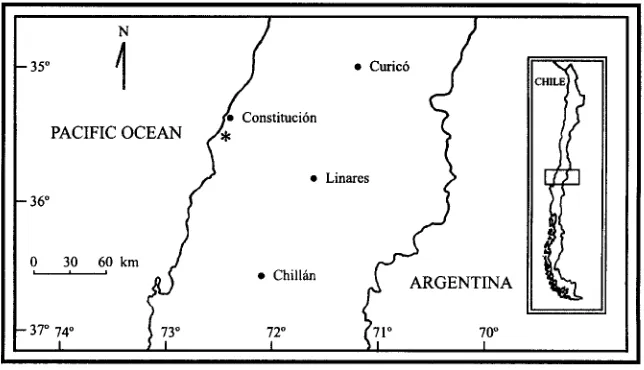 Fig. 1: Map of south-central Chile and location of the study area (*) in the Coastal Mountain Range.Mapa de la zona centro sur de Chile, representando el área de estudio (*) en la Cordillera de la Costa.