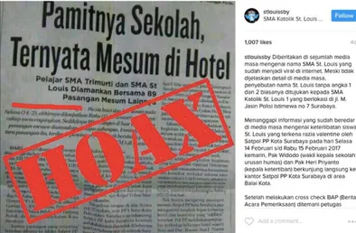 Gambar 4.9. Konfirmasi berita hoax atas SMAK St. Louis 1 Surabaya  Sumber: akun Instagram SMAK St
