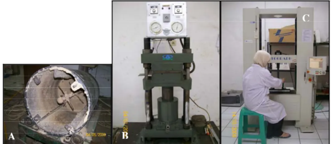 Gambar 5. Drum mixer (A), kempa panas (B) dan universal testing machine (C) 