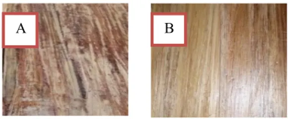 Gambar 1. Keragaan permukaan papan zephyr tanpa  finishing (A) dan setelah diberi lapisan finishing (B) 