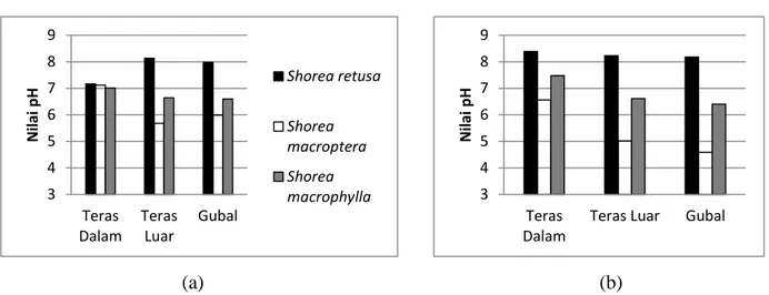 Gambar 2.  Nilai  pH  bagian    pangkal  (a)  dan    ujung  (b)  dari  Kayu  Shorea  retusa,  Shorea  macroptera, dan Shorea macrophylla pada arah aksial dan radial